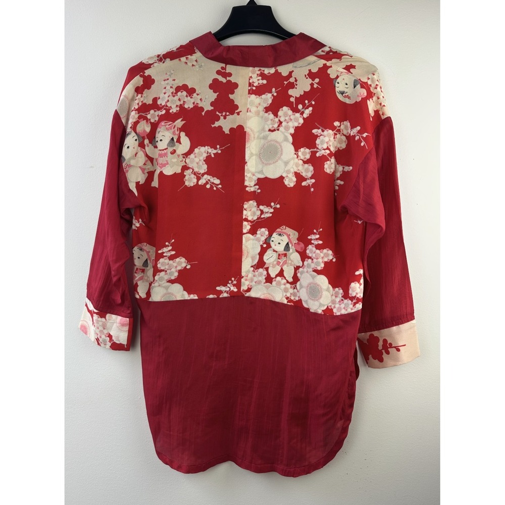 Vintage Itsuko Takeda 100% Silk Kimono Floral Tunic Blouse Red Women No Size - Picture 15 of 16